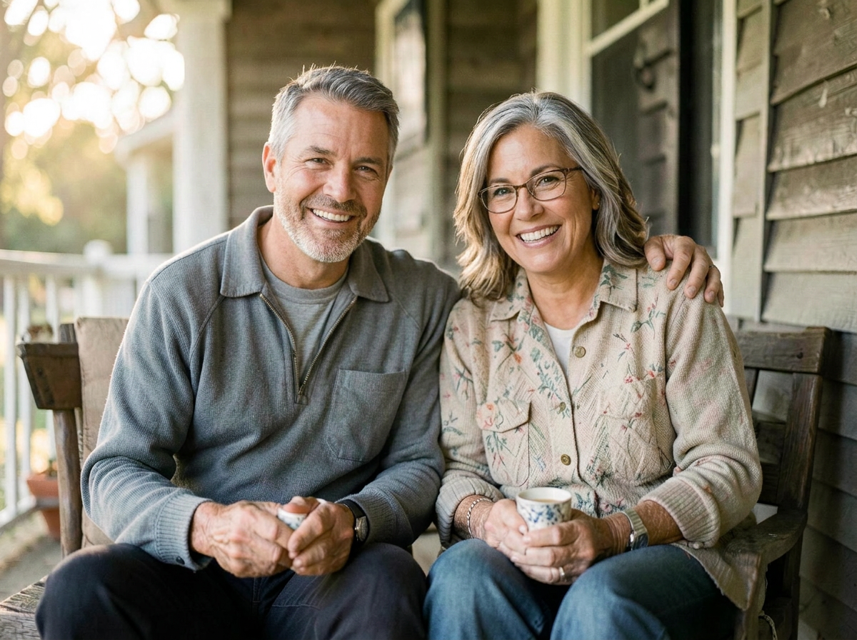 A smiling retired couple sitting together on their front porch