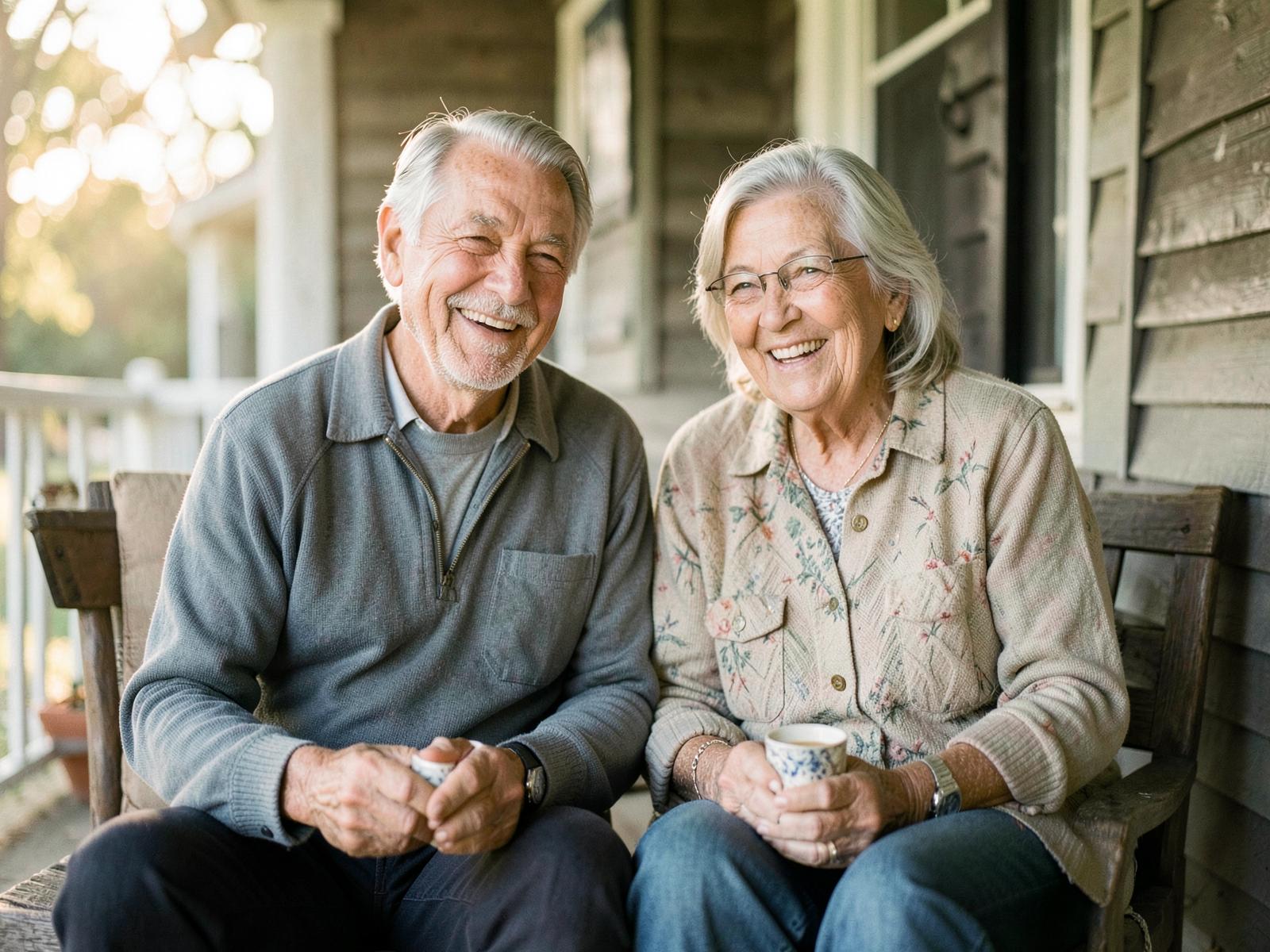 A smiling retired couple sitting together on their front porch